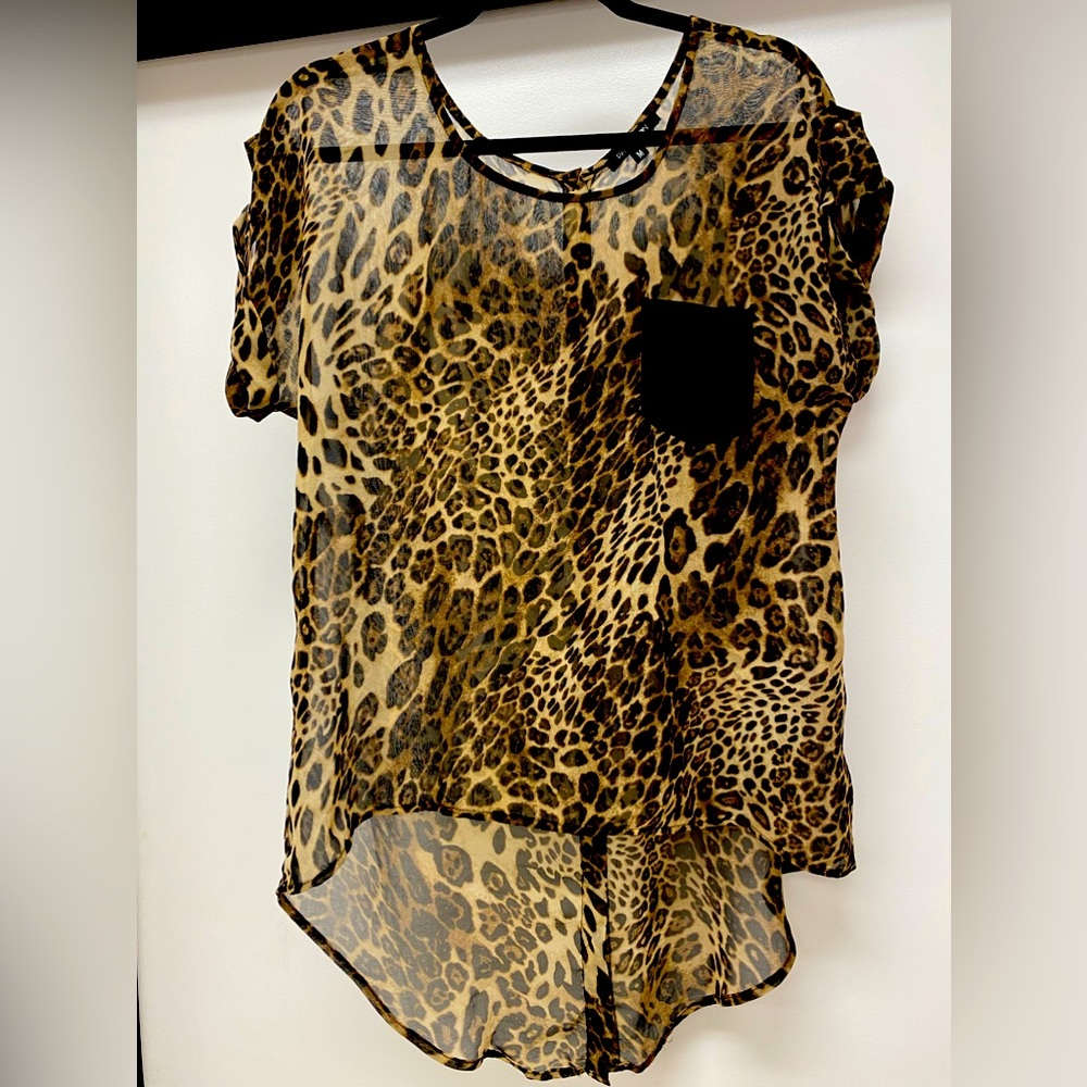 Paper Moon see thru leopard print blouse.  Asymmetrical. Great with leggings